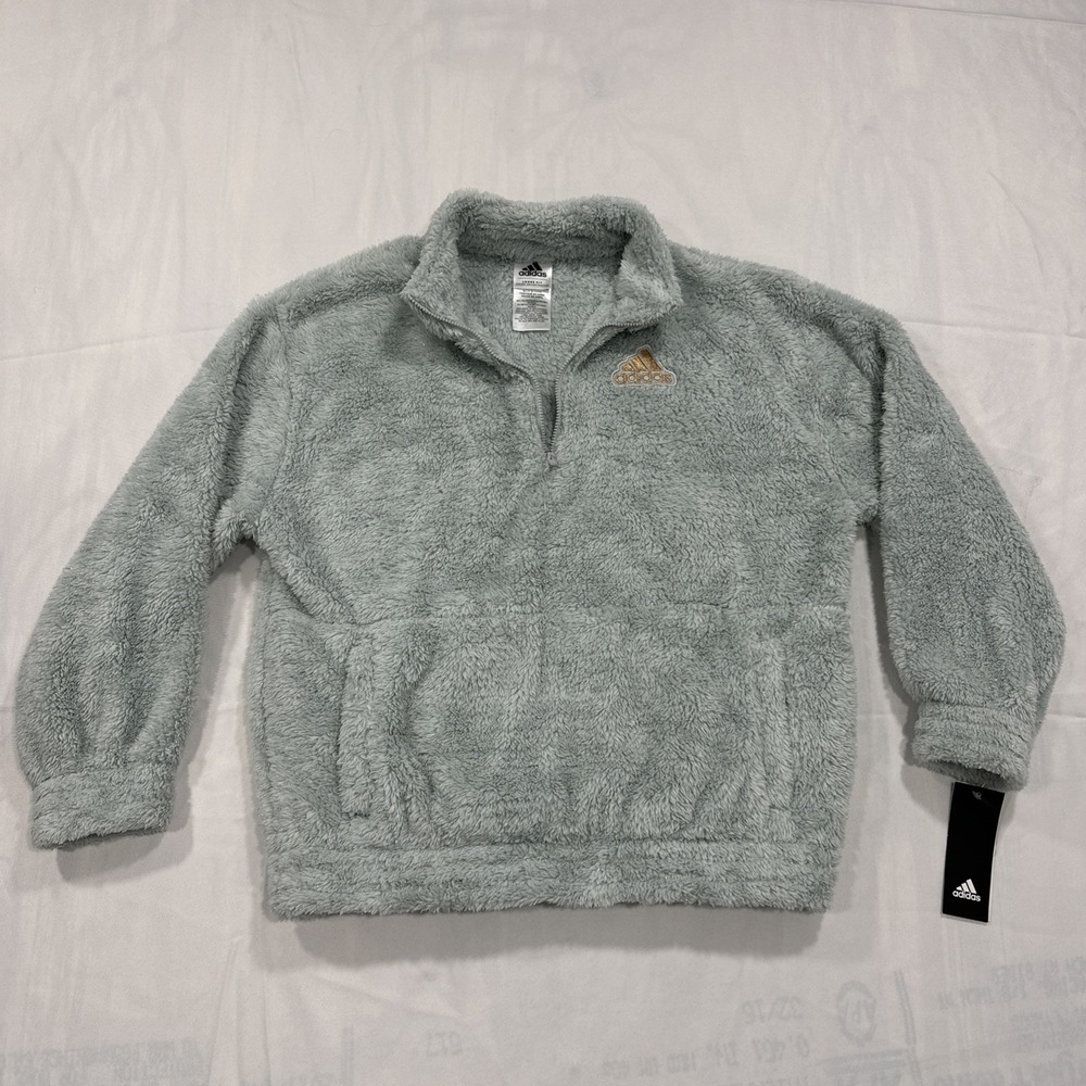 Adidas Girl Sherpa Fleece Pullover Jacket Quarter Zip Mint Gold fibers NWT XL 16